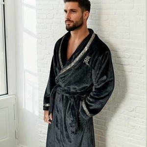 Black Plush Fleece Robe: Gold Greek Key Trim, Luxury Loungewear