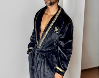 Black Royalty Robe, with gold greek key trim, soft plush cozy luxury designer robe, Housecoat, spa robe, gift for him