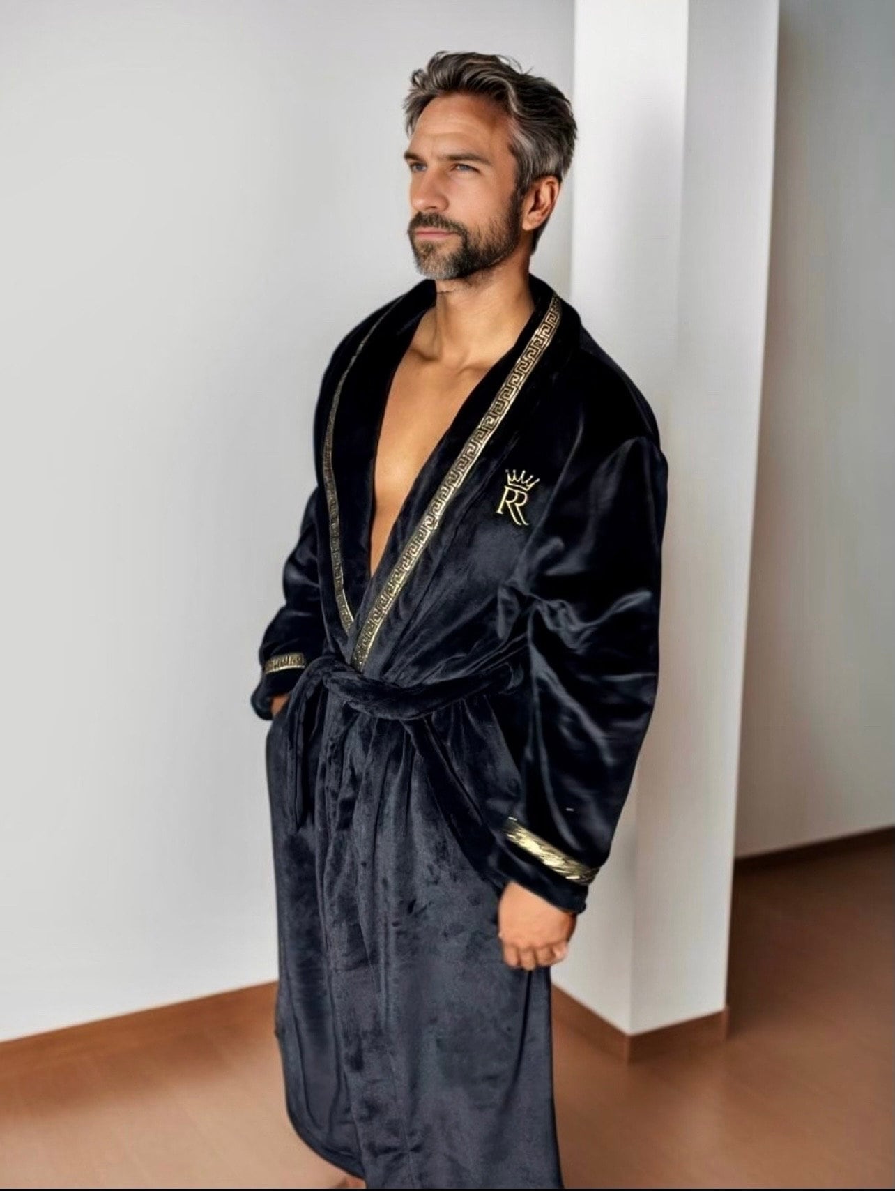 Men's Black Plush Fleece Robe, Gold Greek Key Trim, Luxury Loungewear