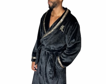 Black Royalty Robe, with gold greek key trim, soft plush luxury designer  robe, Housecoat, spa robe, gift idea