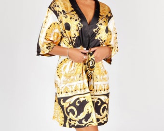 Barocco Short Robe, Kimono, Luxury Designer Robe, Gift Idea, womens Black White and Yellow Baroque robe