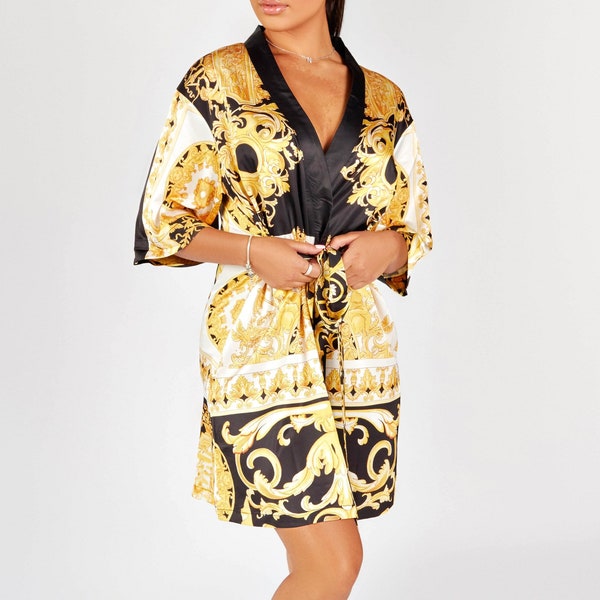 Barocco Short Robe, Kimono, Luxury Designer Robe, Gift Idea, womens Black White and Yellow Baroque robe