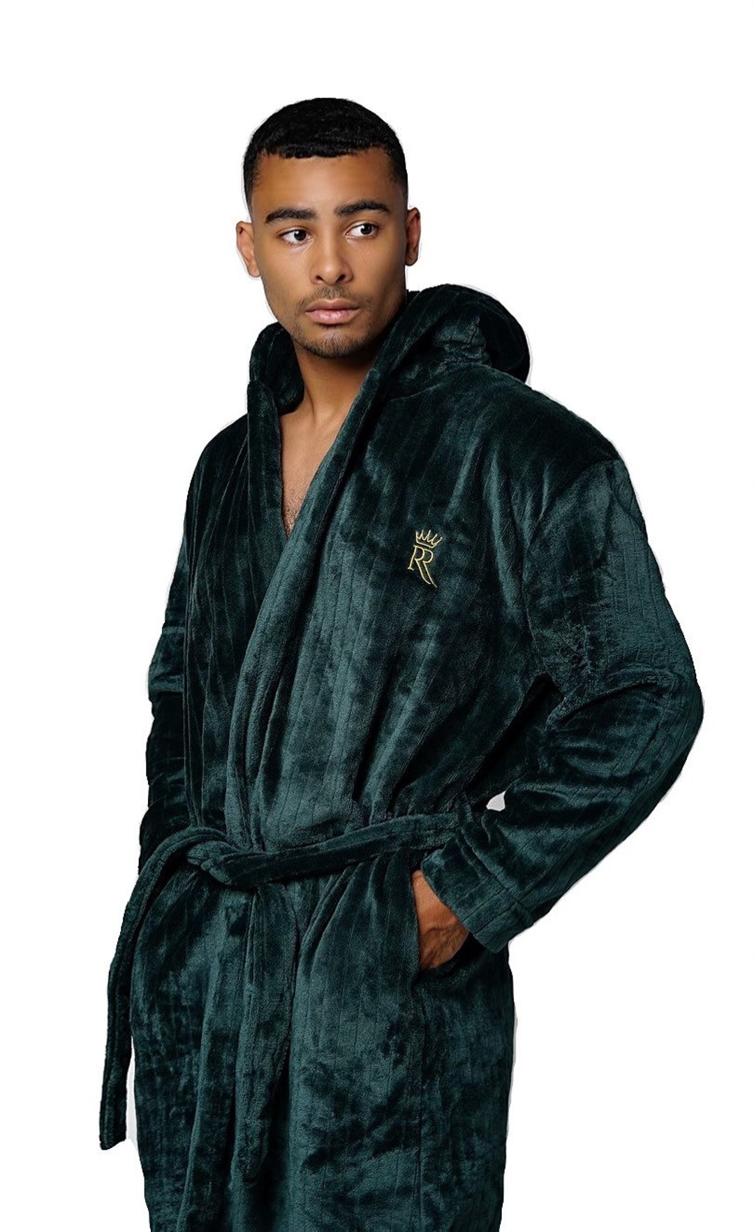 Hooded Dark Green Royalty Robe, Super Soft Plush Fleece Spa Robe