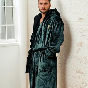 Dark Green Hooded Fleece Bathrobe, Soft Robe With Hood, Loungewear for ...