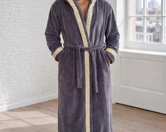 Grey Hooded Fleece Robe with gold and silver Greek key trim