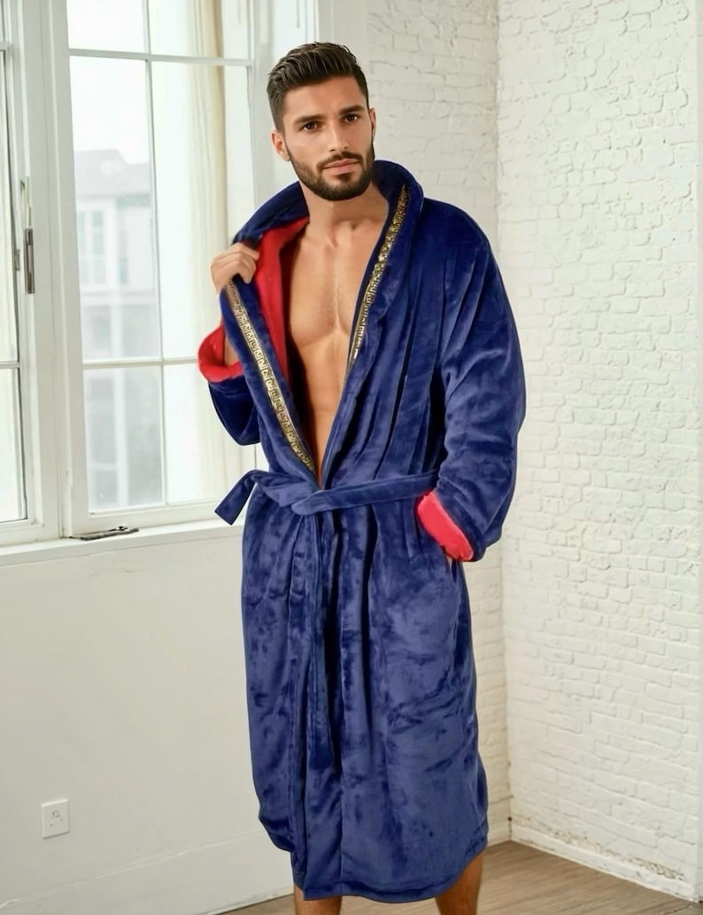 Plush Royal King Robe: Black or Blue With Red Interior, Gold Greek Key ...
