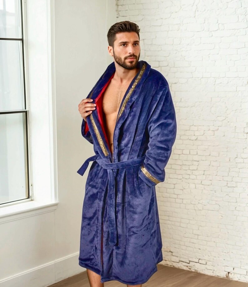 Plush Royal King Robe: Black or Blue With Red Interior, Gold Greek Key ...