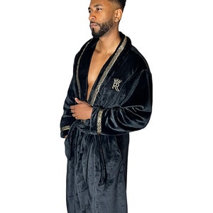 Black Royalty Robe, With Gold Greek Key Trim, Soft Plush Cozy Luxury ...