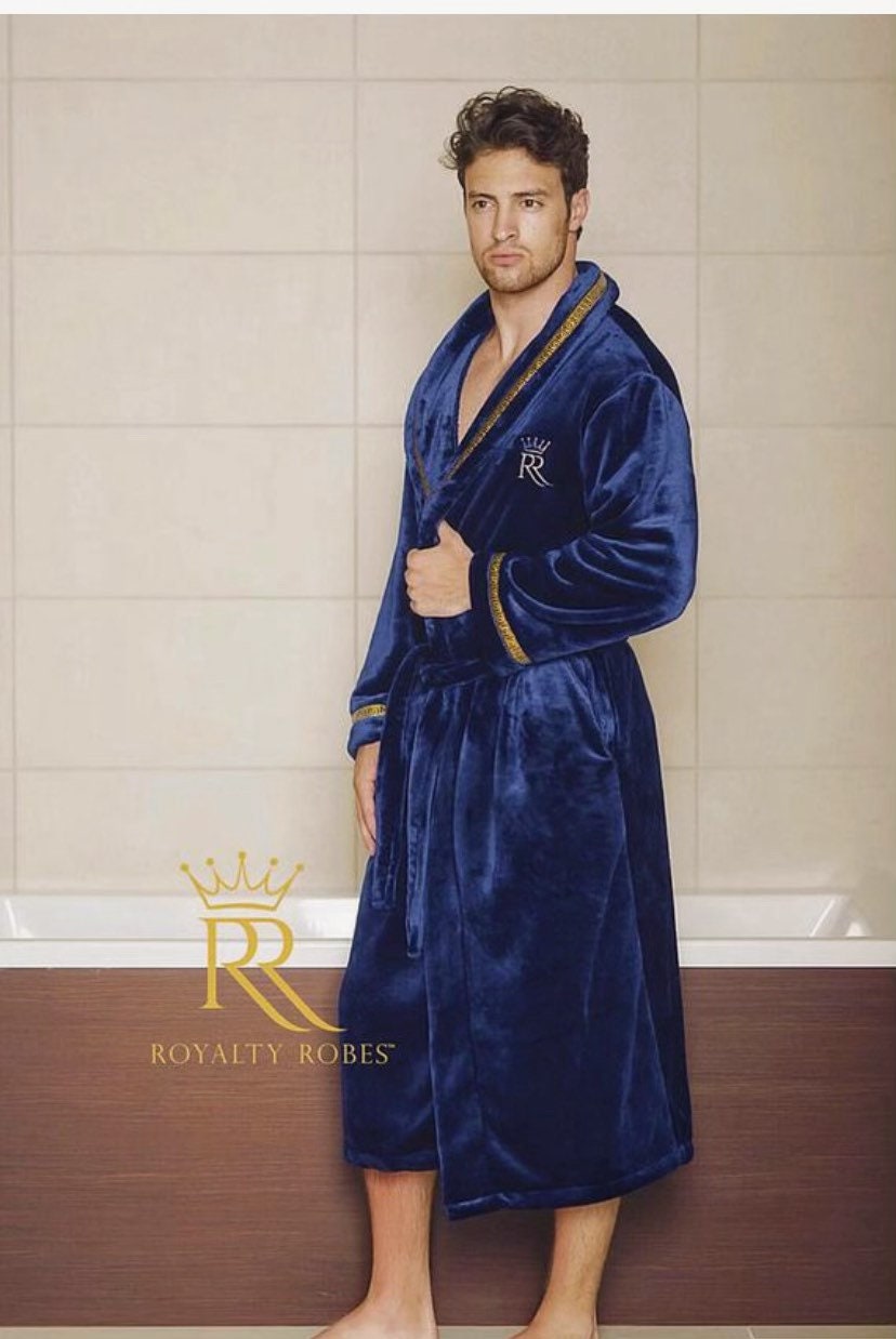Navy Blue Men's Royalty Robe With Gold Greek Key Trim Etsy