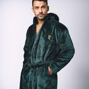 Hooded Dark Green Royalty Robe, super soft plush fleece bathrobe housecoat with hood, sleep and loungewear for men, Fathers Day gift for him