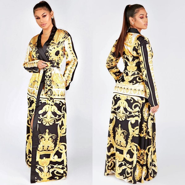 Baroque Style Long Robe, Housecoat, Duster, Luxury Robe with pockets, floor length, Barocco style silky soft robe