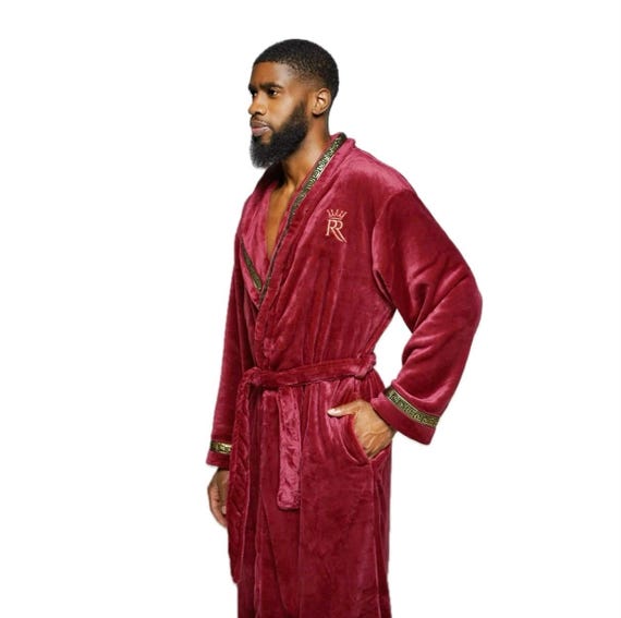 Royal Burgundy Men s Robe With Gold Greek Key Trim Soft Fleece Luxury Housecoat With Pockets Gift for Men Red Loungewear for Men Etsy UK