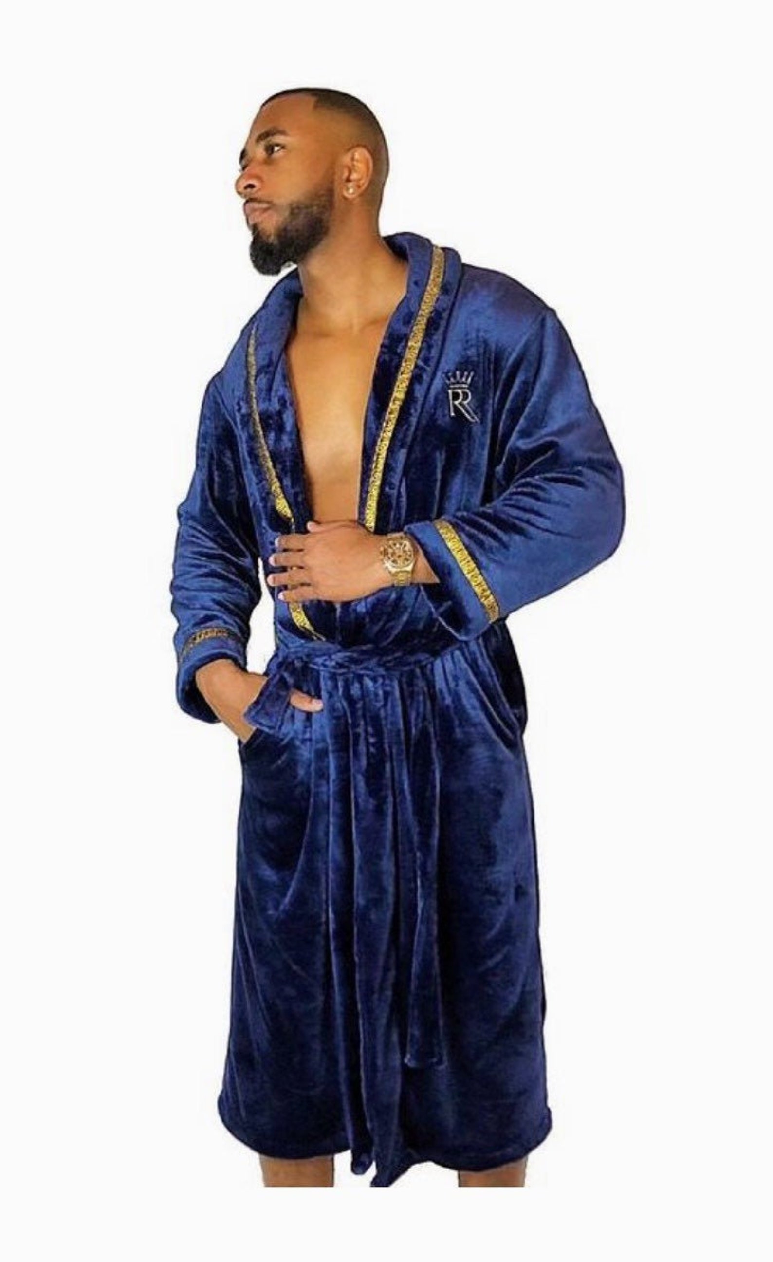 Navy Blue Men's Royalty Robe With Gold Greek Key Trim Etsy UK