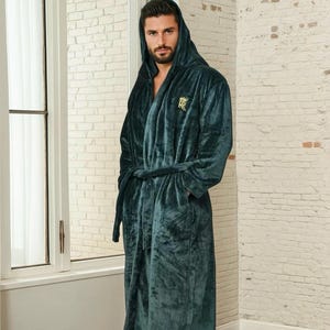 Dark Green Hooded Fleece Bathrobe, Soft Robe With Hood, Loungewear for ...