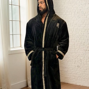 Hooded Royalty Robe, Black, Off White or Red mens robe with gold Greek key trim, soft luxury robe, Housecoat, gift for men fathers day gift