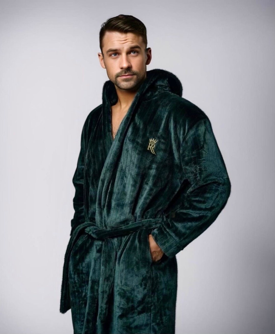 Hooded Dark Green Royalty Robe, Super Soft Plush Fleece Christmas Gift