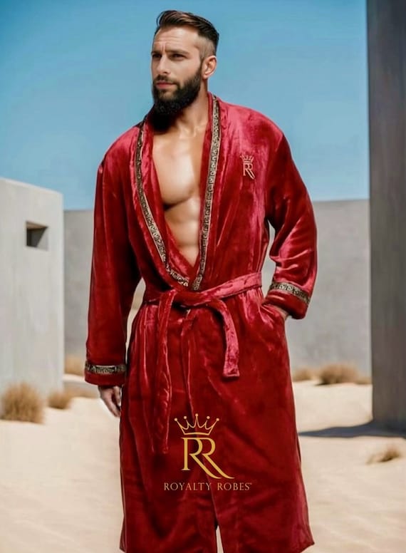Royal Burgundy Men's Robe With Gold Greek Key Trim, Soft Plush