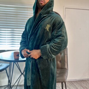 Dark Green Hooded Fleece Bathrobe, Soft Robe With Hood, Loungewear for ...