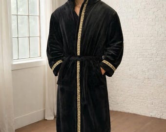 Black Fleece Hooded Robe: Gold Greek Key Trim, Cozy Loungewear
