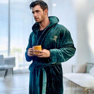 Dark Green Hooded Fleece Bathrobe, Soft Robe With Hood, Loungewear for ...