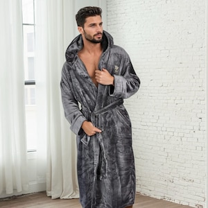 Grey Hooded Royalty Robe, mens super soft plush fleece housecoat with hood and pockets, best gift for men, sleep and loungewear for men