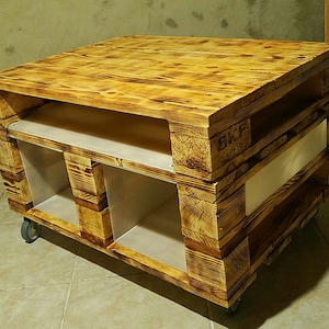 Paletten Tisch auf Rollen mit Getränkehalter  Diy wood pallet projects,  Diy interior, Pallet table