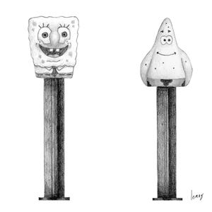 May include: Pencil sketch of two cartoon character PEZ dispensers. One is a smiling, square-shaped character with a tie, and the other is a starfish-shaped character with a smiling face. Both are on a gray rectangular base.