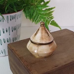 May include: An ivory-coloured trinket box with a gold-coloured metal rim and lid, on a weathered wooden box. A green fern plant in a white and blue patterned pot is in the background. The wooden box has text on it.