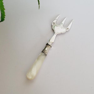 Puede incluir: Un tenedor de servir plateado con tres púas y un mango de nácar. El tenedor es ornamentado con detalles decorativos. Una planta de helecho está en el fondo.