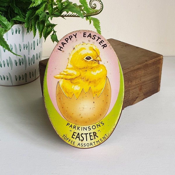 Sweet Vintage 'Happy Easter' Hatching Chick Design Toffee Tin Easter Display / Gift - Made in England - Small Size