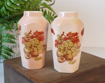 Pair of Miniature Ceramic Pink Fruit Patterned Vases / Posey Vase - Royal Worcester Palissy "Royale Fruit Collection"
