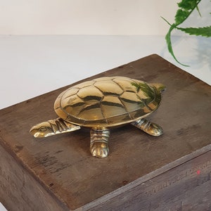 Puede incluir: Una figura de tortuga de latón con caparazón y patas detalladas descansa sobre una caja de madera envejecida. La tortuga tiene una superficie pulida y reflectante. La caja tiene vetas de madera visibles y forma rectangular.