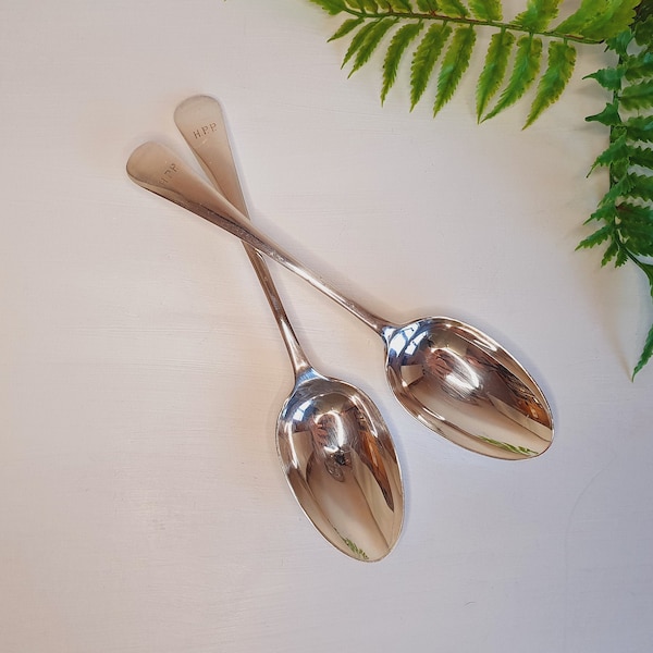 Antique Pair of Large Serving Spoons - Sheffield Silver Plated Engraved "H.P.P"  LEE & WIGFULL