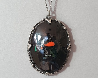 Vintage Handmade Black Enamel Pendant in Ornate Mount on Silver Colour Chain
