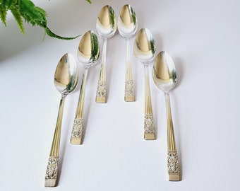 Puede incluir: Seis cucharas plateadas dispuestas sobre una superficie blanca. Las cucharas tienen un diseño decorativo en el mango y un cuenco ovalado reflectante. Las cucharas están dispuestas en forma de abanico, con una planta verde en el fondo.