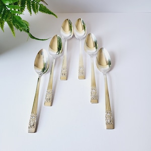 Puede incluir: Seis cucharas plateadas dispuestas sobre una superficie blanca. Las cucharas tienen un diseño decorativo en el mango y un cuenco ovalado reflectante. Las cucharas están dispuestas en forma de abanico, con una planta verde en el fondo.