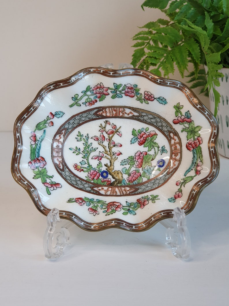 May include: A small, antique, white porcelain dish with a scalloped edge and a decorative floral design. The dish features a central oval with a tree and flower motif, surrounded by a brown border and pink and green floral accents. It is displayed on a clear plastic stand.