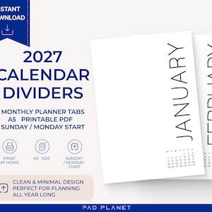 May include: 2027 calendar dividers featuring monthly planner tabs in A5 printable PDF format with Sunday or Monday start options. The white pages display the months January and February in black text with a small calendar grid at the bottom.