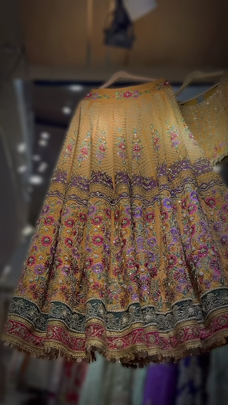 Yellow and Blue Printed Embroidery Lehenga Set - Rent