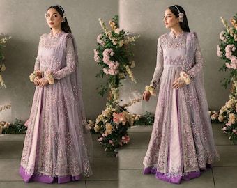 Lavender Embroidered Bridal Gown: Handmade Ethnic Wedding Maxi Dress