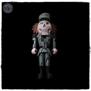 May include: A nutcracker figurine featuring a skull head with a beige finish, wearing a distressed olive green military-style uniform with a matching cap, dark brown hair, and black boots, set against a solid black background with a PA1 logo.