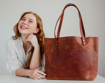 Cadeau personnalisé pour femme, sac fourre-tout en cuir à glissière, sac de tous les jours, sac fourre-tout en cuir pour ordinateur portable, sac cabas élégant, cadeau d'anniversaire