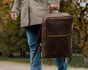 Leather office backpack, men rucksack gift, leather laptop satchel, travel ctiy backpack, shoulder bag, messenger bag, birthday gift for him