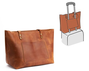 leather tote with luggage sleeve
