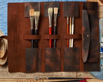 Leather Brush Roll for Artists, Paint Brush Holder Case, Personalized Gift for Painters, Art Supplies Storage