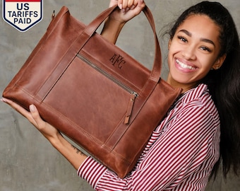 Personalized womens gift, leather tote bag, laptop tote handbag, leather shoulder bag, office tote bag, shopper bag, notebook tote bag gift