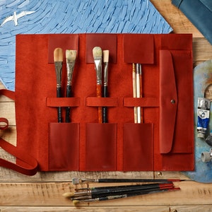 Rouleau de brosse en cuir, cadeau pour artiste, sac de kit de péage de dessin, porte-pinceau, rouleau dartiste en cuir, cadeau danniversaire pour femmes Red