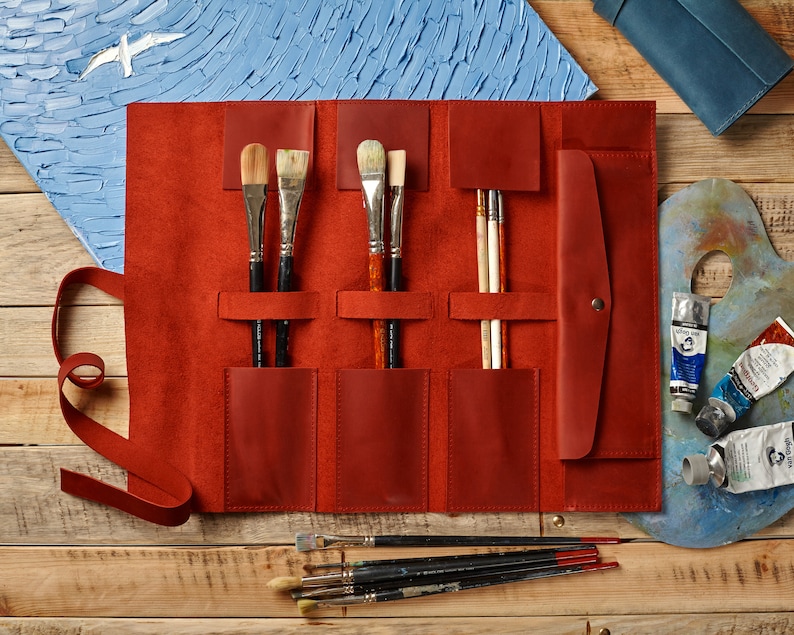 Cadeau personnalisé pour artiste, étui à pinceaux de voyage, trousse de dessin, porte-pinceau, cadeau d'anniversaire pour femme Red