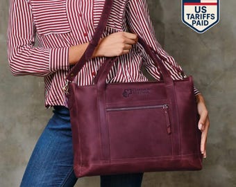 Leather Laptop Tote with Shoulder Strap, Personalized Work Bag with Zipper & Laptop Compartment, Custom Women’s Office Handbag