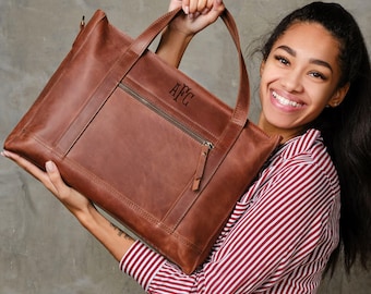 Cadeau personnalisé pour femme, sac fourre-tout en cuir, sac à main fourre-tout pour ordinateur portable, sac à bandoulière en cuir, sac fourre-tout de bureau, sac shopper, cadeau de sac fourre-tout pour ordinateur portable